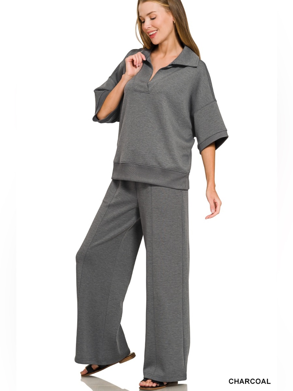 Zenana Scuba Collared Short Sleeve Pullover & Center Seam Pants Set🛍️
